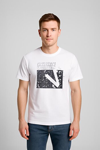 MARKAPIA Men's Relaxed Cut Crew Neck Print Detail T-Shirt