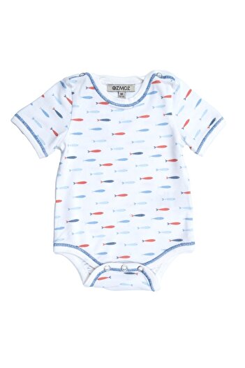 Ozmoz By Mukadder Özden Organic Fish Patterned Short Sleeve Baby Boy Bodysuit