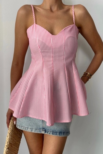 gl00my Striped Seersucker Suspender Bluz with Pins Detail - Pink