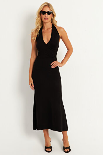 Cool & Sexy Rochie neagră de damă midi cu piept dublu - spate deschis, EY2841