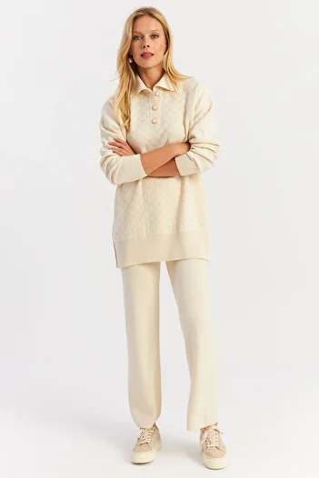 Cool & Sexy Women's Ecru Pearl Buttoned Knitwear Bottom and Top Set Nuv33