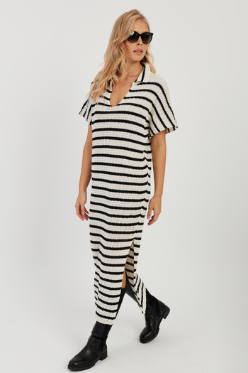 Cool & Sexy Women's Ecru-Black Openwork Knitwear Midi Dress YZ622
