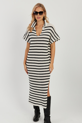 Cool & Sexy Women's Ecru-Black Openwork Knitwear Midi Dress YZ622
