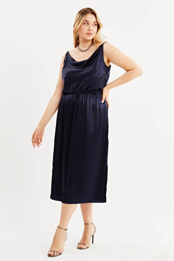 MYLİNE Satin Degaje Neck Slit Dress
