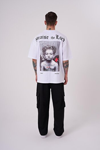 Machinist Men's Bad Angels Printed Oversize White T-Shirt