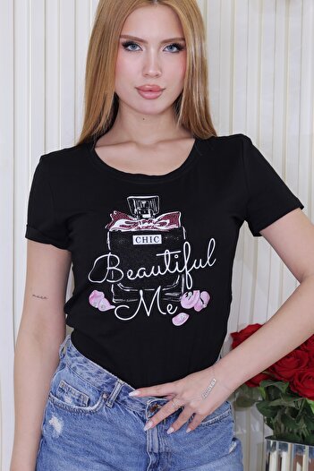 RICH GLAM Perfume Printed Crystal Stone Large Size Short Sleeve Stylish Comfortable Cotton Women's T-Shirt T-Shirt