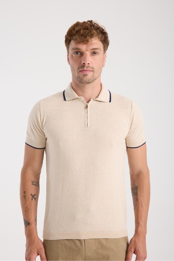 hateko 100% Cotton Contrast Stripe Half Zip Polo Neck Knitwear T-Shirt