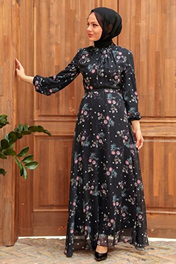 Neva Style Floral Patterned Black Hijab Dress 279026 S