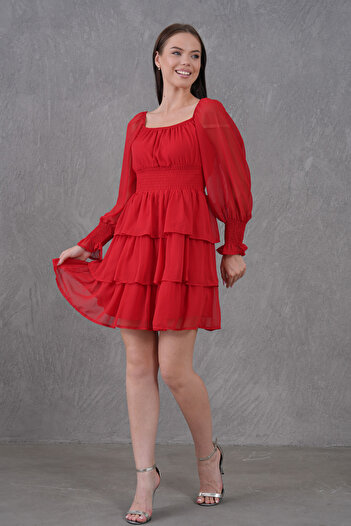 lovebox Red Mini Evening Dress with Floor Detail on the Waist and Lined Chiffon Fabric 078