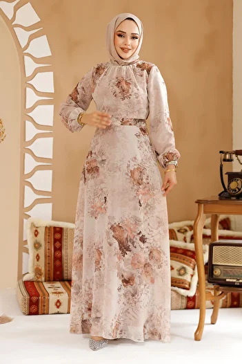 Neva Style Φόρεμα Hijab Μπεζ με Floral σχέδιο 27967BEJ