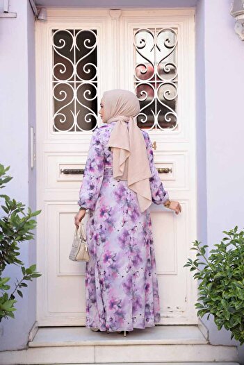Neva Style Çiçek Desenli Mor Tesettür Elbise 27991MOR