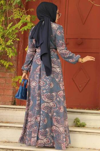 Neva Style Çiçek Desenli Indigo Mavisi Tesettür Elbise 279081ım