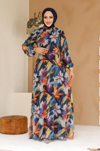 Neva Style Çiçek Desenli Lacivert Tesettür Elbise 27977L