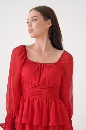 bayansepeti Skirt Floor Detail Waist Elastic Lined Chiffon Fabric Red Dress 078