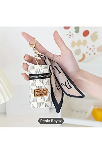 TATA CRAFT White Mini Luxury Wallet Keychain Makeup with Vintage Scarf - White