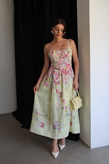 Julidress Yellow Corset Look Lined Strap Patterned Belted Midi Length Premium Linen Dress