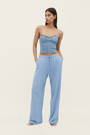 Cochines Women's Baby Blue Linen Blend Loose Cut Wide Leg Palazzo Summer Trousers
