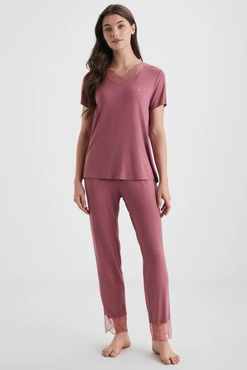 Penyemood Dusty Rose Women's Combed Cotton Suit Lace Home Wear Set C6T5N49