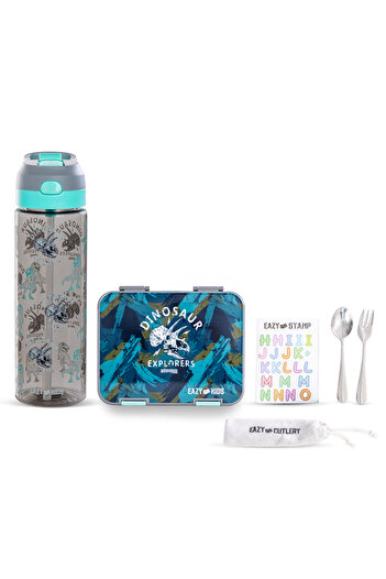 Eazy Kids 6&4 Convertible Bento Lunch Box w/ Water Bottle, Steel Spoon&Fork Set & Alphabets Sticker-T-Rex Gray
