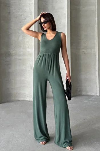 Stil Diva Large Size Corduroy Fabric Elastic Waist Back Detail Long Jumpsuit 198140