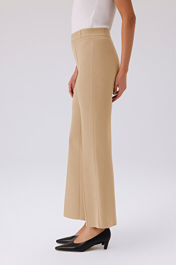 Triko Mısırlı Light Beige Ribbed Flared Leg Women's Trousers