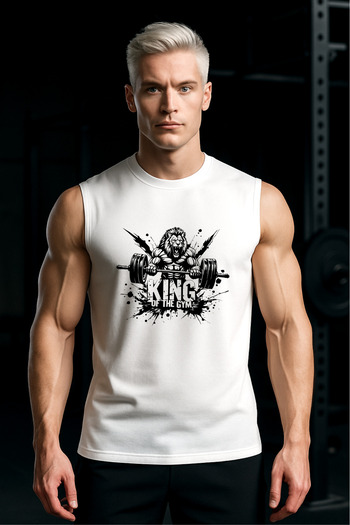 BESSA White Printed Sports Tank Top Crew Neck Cotton Sleeveless Tank Top King of Gym