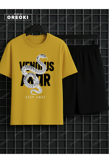 EFFRENATU Stand Back Printed Cotton Men's Yellow T-Shirt-Black Shorts Set