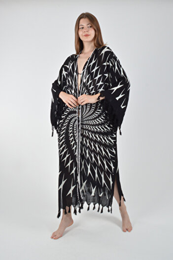 REİNA TEKS Viscon Kimono Bathrobe Black Retro Hypnosis Pattern Cotton Printed Pareo 1 Piece Unisex