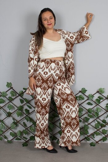Truva XXL Plus Size Light Brown Patterned Kimono Trousers Set