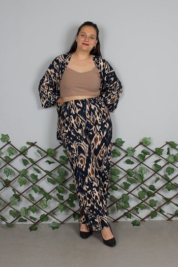 Truva XXL Large Size Navy Blue Patterned Kimono Suit |   Soft Crepe Fabric