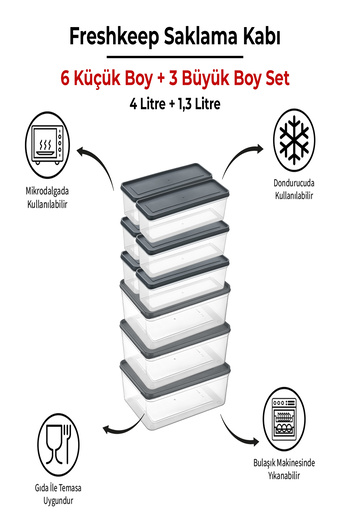 bizimevde 9 Storage Containers (3 Large-6 Medium Size) 4 Liter + 1.3 Liter Deep Freezer Microwave Compatible