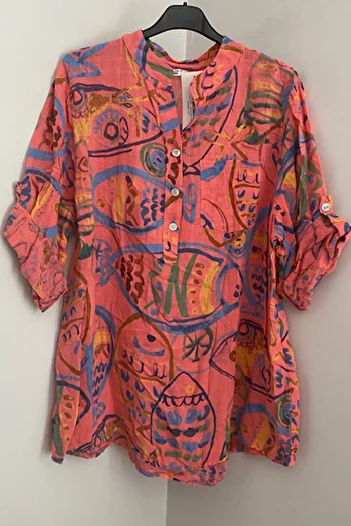 AYASOFYA OTANTIK Women's Italian Salmon Colored Fish Pattern Button Detailed Folding Orphan Sleeve 100% Cotton Blouse