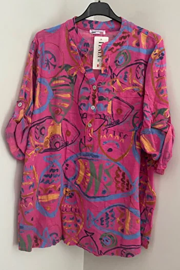 AYASOFYA OTANTIK Women's Italian Fuchsia Colored Fish Pattern Button Detailed Folding Orphan Sleeve 100% Cotton Blouse