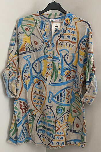 AYASOFYA OTANTIK Women's Italian Beige Colored Fish Pattern Button Detailed Folding Orphan Sleeve 100% Cotton Blouse