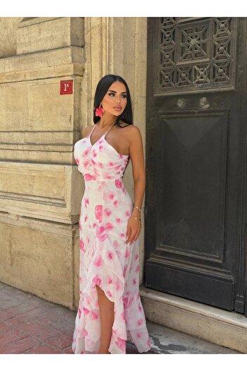 Bak'ap Premium Halter Neck Ruffle Floral Print Summer Alacati Chiffon Dress
