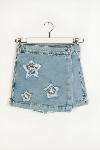 DMB BOYS & GIRLS Çaren Kids- Girl's Star Detailed Sequin Embroidered Denim Shorts Skirt