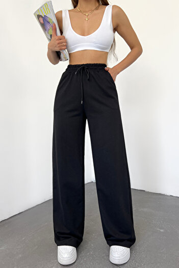 Hera Moda Pantaloni de sport negri de vară cu talie înaltă, largi, largi