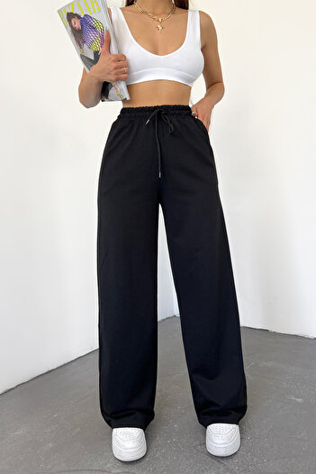 Hera Moda Pantaloni de sport negri de vară cu talie înaltă, largi, largi
