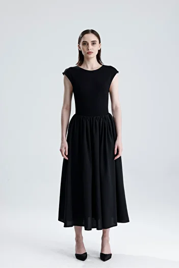 Sense Bottom Tricotton Top Lycra Viscose Elastic Waist Sleeveless Dress |   Elb36283 Black
