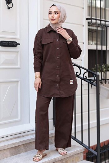 N.S NEVA STYLE Καφέ Hijab Διπλό Σετ με Κουμπί 14272KH