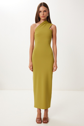 Lovelyİstanbul Rochie țesătură elastică cu un singur umăr FAT GREEN LFK0014