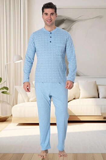 Mecit Pijama Set de pijamale pentru bărbați, cu mâneci lungi, cu guler sezonier, cu nasturi, 80% bumbac, 20% viscoză
