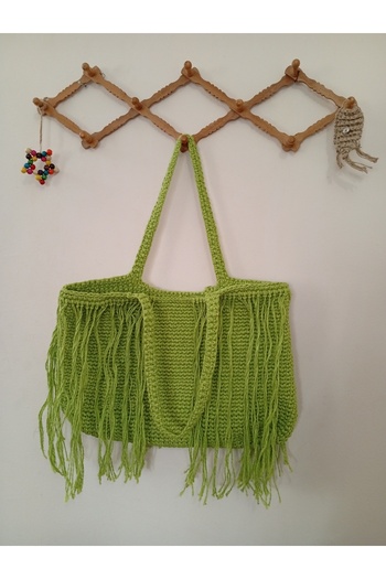 Nympha Fethiye Bohemian Style Beach Bag with Tassels, Travel Bag, Hand Knitted Shoulder Bag,