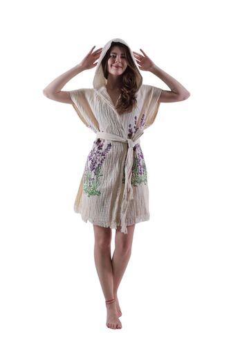 Luppio Hooded Beachwear 100% Cotton Lavender Pattern Muslin Kimono