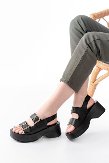 Aymood 24414-572 Black Buckle Daily Wedge Heel Women's Sandals