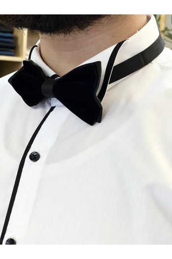SAVARA Groom's Shirt Plain White with Black Piping Slimfit Pocketless Horse Collar