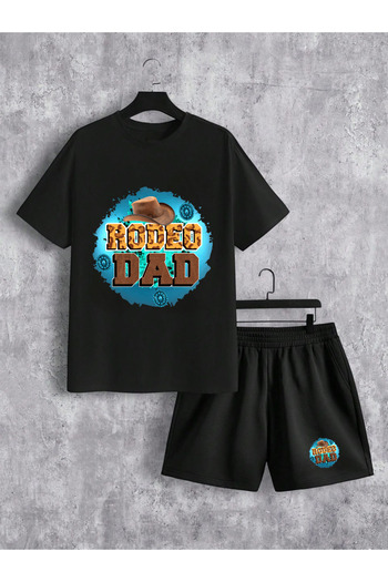 Frisson Unisex Cotton Black Crew Neck Casual T-Shirt / Shorts Set "Rodeo" Printed