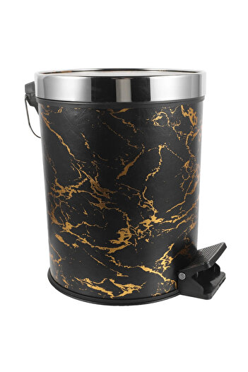 LYOBEST Round trash can with pedal, capacity 15L, Black Gold marbled, for bathroom, kitchen, office