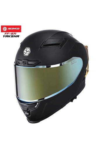 Scoyco FF-871 YAKSHA MAT SİYAH-GOLD GÜNEŞ VİZÖRLÜ KAPALI KASK (GOLD CAMLI)