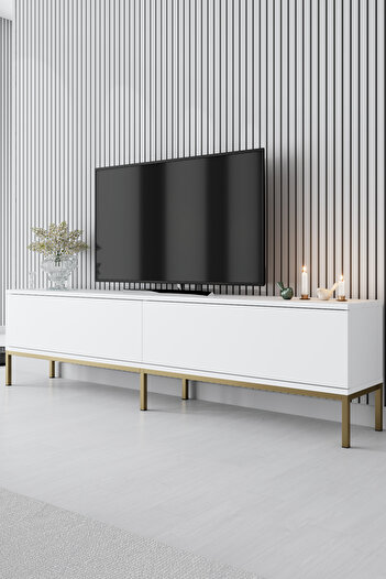 Modatte LORA GOLD METAL AYAKLI BEYAZ TV ÜNİTESİ